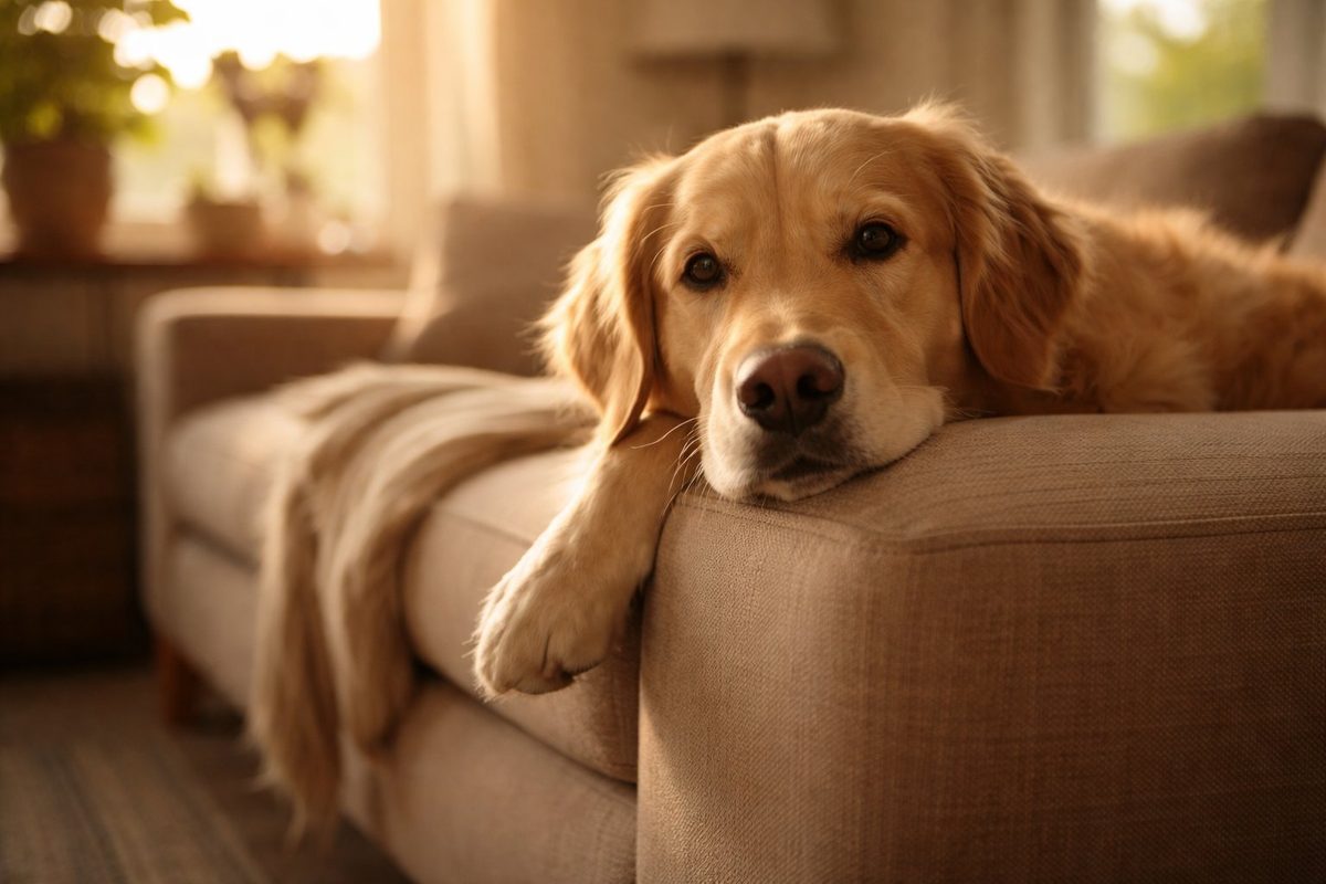 A golden retriever resting peacefully on a sofa in warm afternoon light